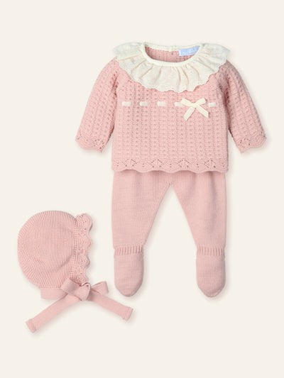 Luxury Mac Ilusión girls dusty pink knitted outfit with lace ruffle collar and bonnet