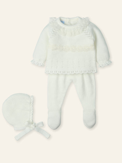 Luxury Mac Ilusión baby girls cream knitted outfit with muslin lace and bow
