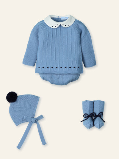 Luxury Mac Ilusión baby boys blue knitted outfit with Peter Pan collar, culotte, hat & booties