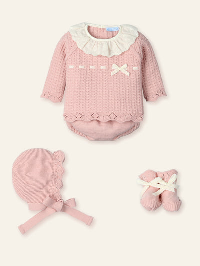 Mac Ilusión baby girls dusty pink knitted outfit with lace ruffle collar and velvet ribbon