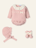 Mac Ilusión baby girls dusty pink knitted outfit with lace ruffle collar and velvet ribbon