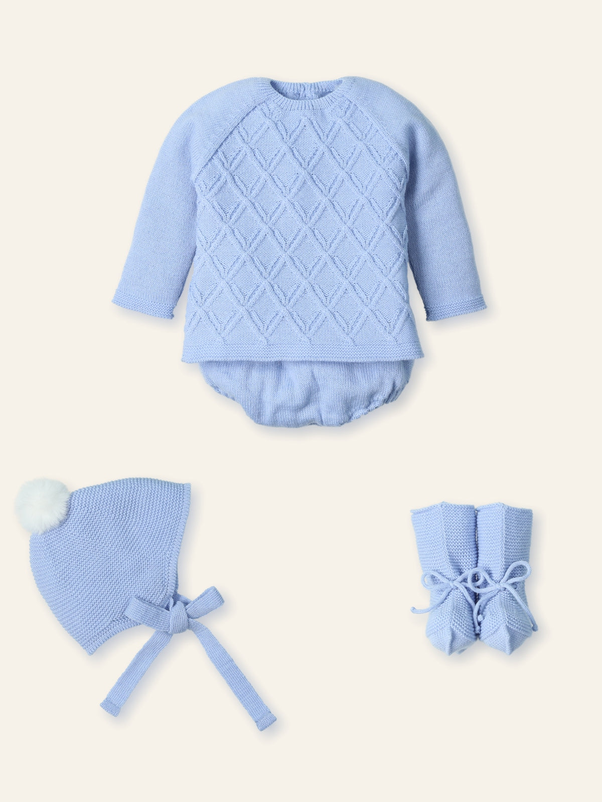 Luxury Mac Ilusión baby boys blue knitted outfit with jam pants, hat & booties