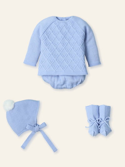 Luxury Mac Ilusión baby boys blue knitted outfit with jam pants, hat & booties