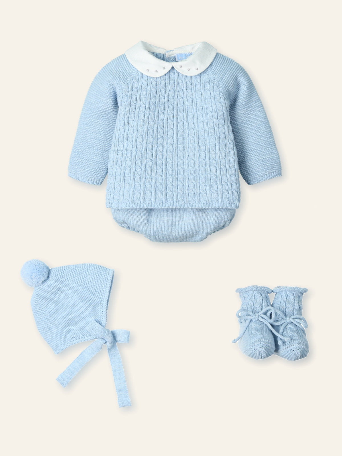Luxury Mac Ilusión baby boys blue knitted outfit with embroidered Peter Pan collar, jam pants, hat & booties
