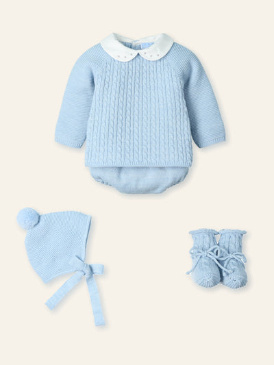 Luxury Mac Ilusión baby boys blue knitted outfit with embroidered Peter Pan collar, jam pants, hat & booties
