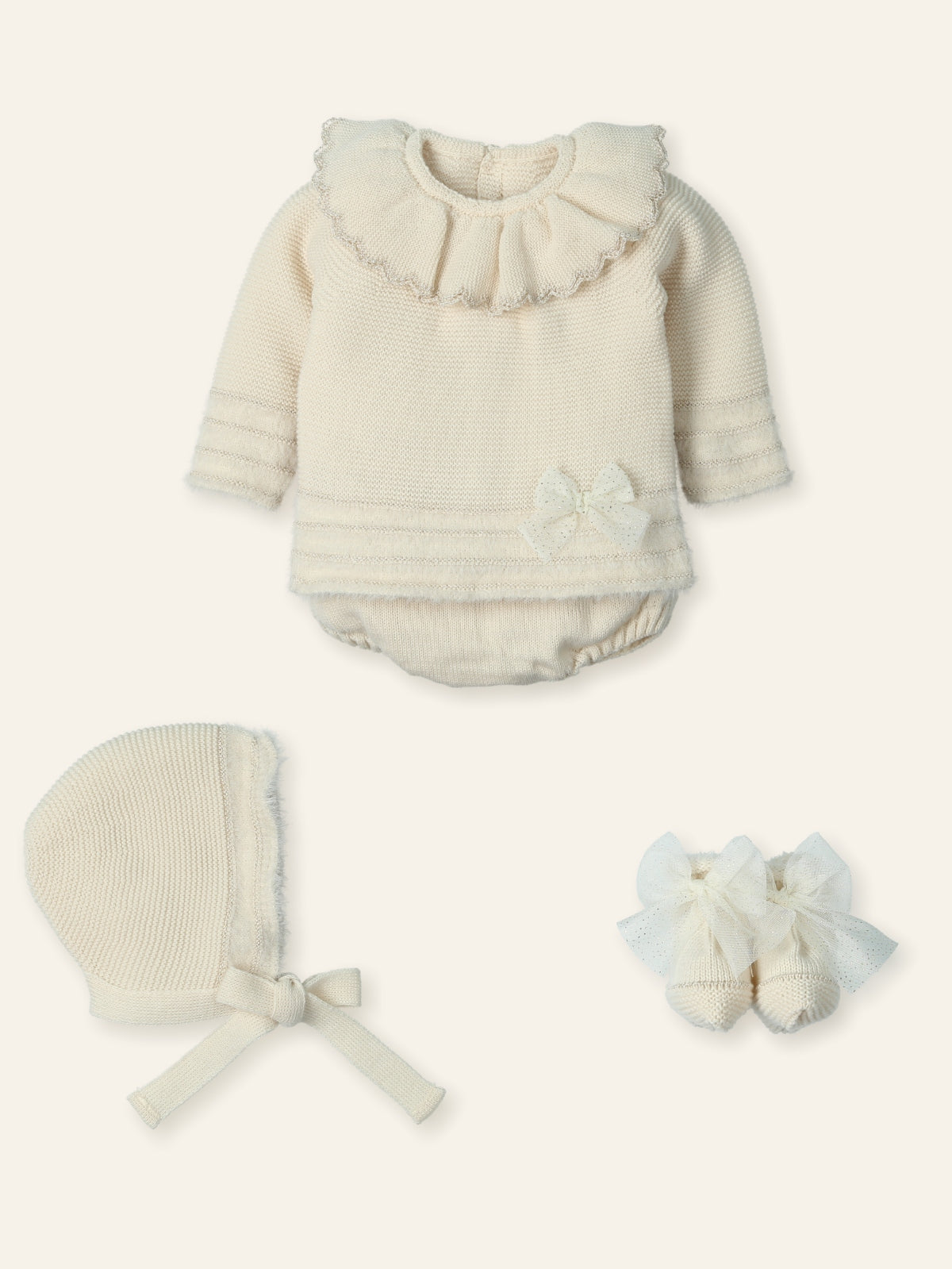 Mac Ilusión baby girls beige knitted outfit with jam pants, bonnet & booties