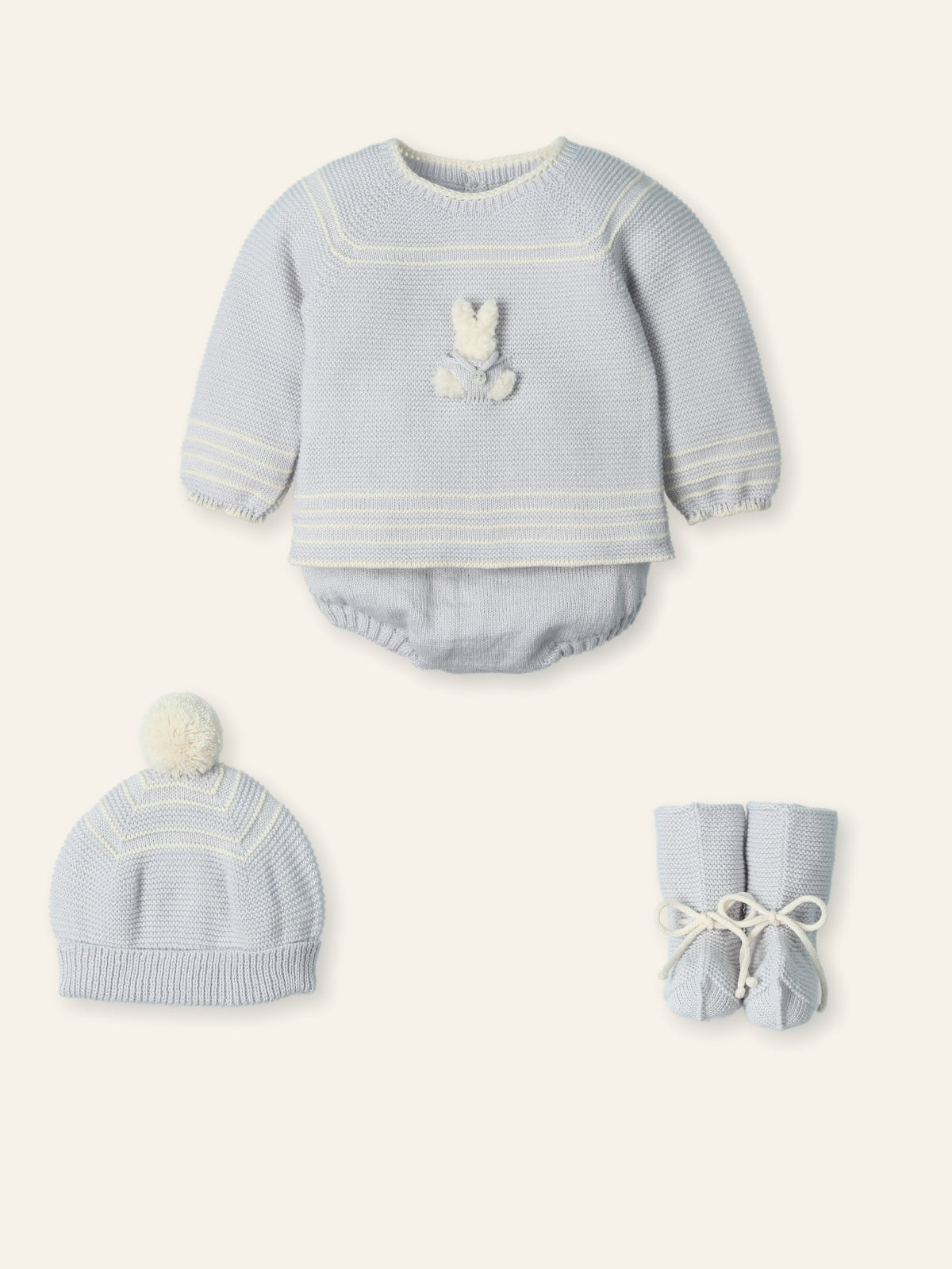 Mac Ilusión baby boys grey knitted outfit with rabbit motif, jam pants, hat & booties