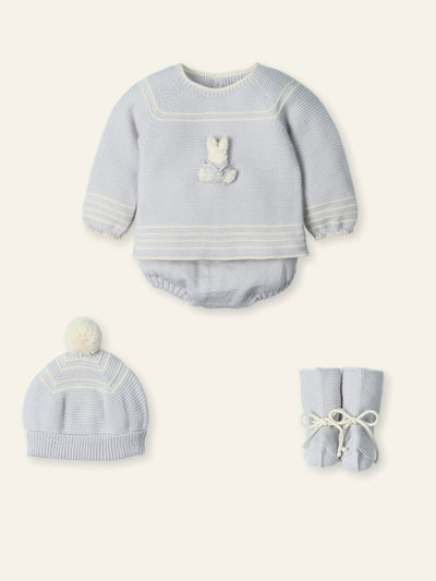 Mac Ilusión baby boys grey knitted outfit with rabbit motif, jam pants, hat & booties