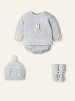 Mac Ilusión baby boys grey knitted outfit with rabbit motif, jam pants, hat & booties