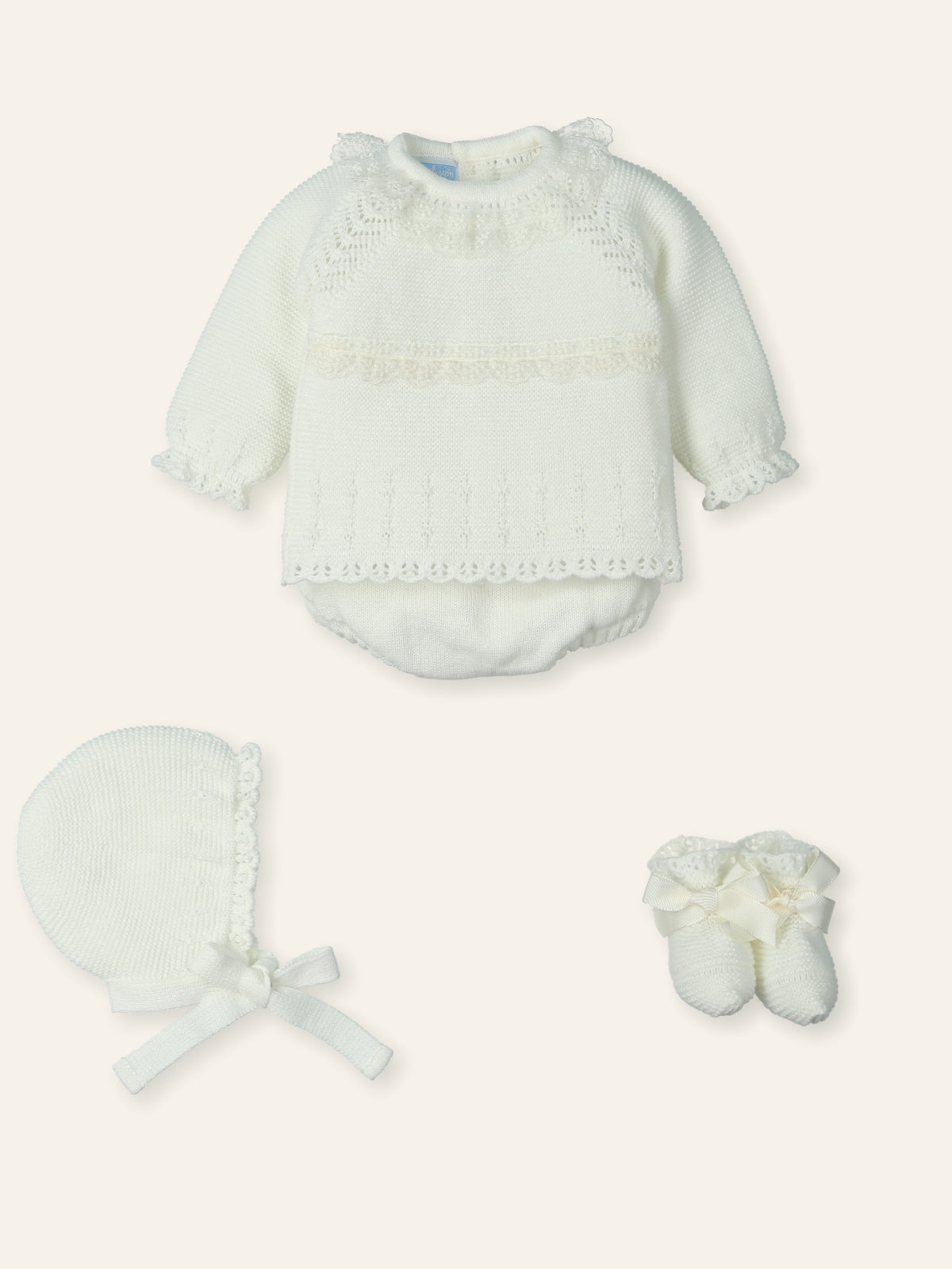 Mac Ilusión baby girls cream knitted outfit with muslin lace, bow, jam pants, bonnet & booties