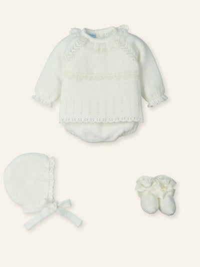 Mac Ilusión baby girls cream knitted outfit with muslin lace, bow, jam pants, bonnet & booties