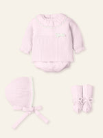 Mac Ilusión baby girls pink knitted outfit with ruffle collar, bow, jam pants, bonnet & booties