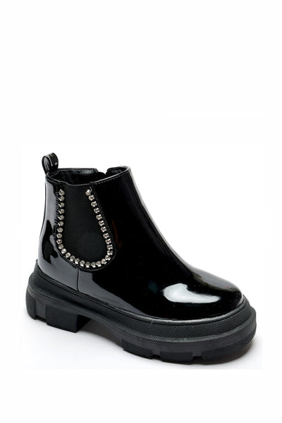 These girls black patent faux leather chunky sole ankle boots from Doremi are designed with an elasticated stretch around the ankle, zip fastening on the inside, and soft fur lining for extra comfort. Plus, the chunky sole and diamanté stud design give them an extra touch of style. Available in sizes infant 8 up to a junior size 3. Also available in pink.