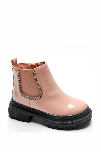 These Doremi ankle boots for girls offer a stylish look combined with comfort and convenience. Featuring pink patent faux leather with an elasticated ankle, a zip fastening, soft fur lining, a chunky sole, and diamanté studs, these boots are perfect for all ages, from infant size 8 to junior size 3. A black version is also available.