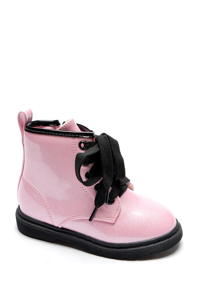 These boots, crafted by children's footwear brand Doremi, are an ideal winter accessory for baby girls. The timeless pink hue is presented in a faux patent leather material, with a lace up fastening and side zip for added convenience. An interior fur lining ensures warmth and comfort, with sizes ranging from toddler 3 - 7 available. The same style also comes in navy blue.