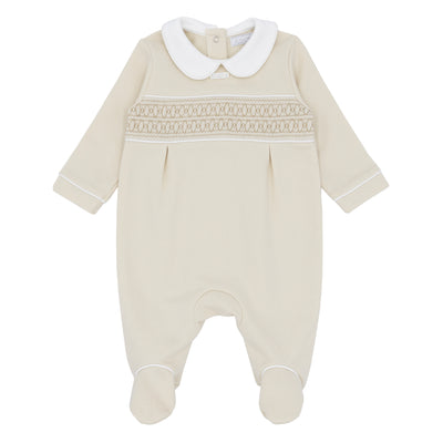 Unisex beige smocked baby all-in-one – Amore traditional British childrenswear