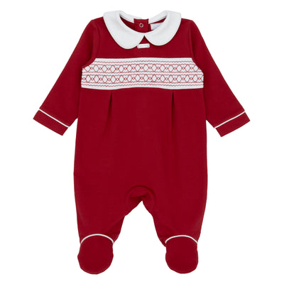 Unisex red smocked baby all-in-one – Amore traditional British childrenswear