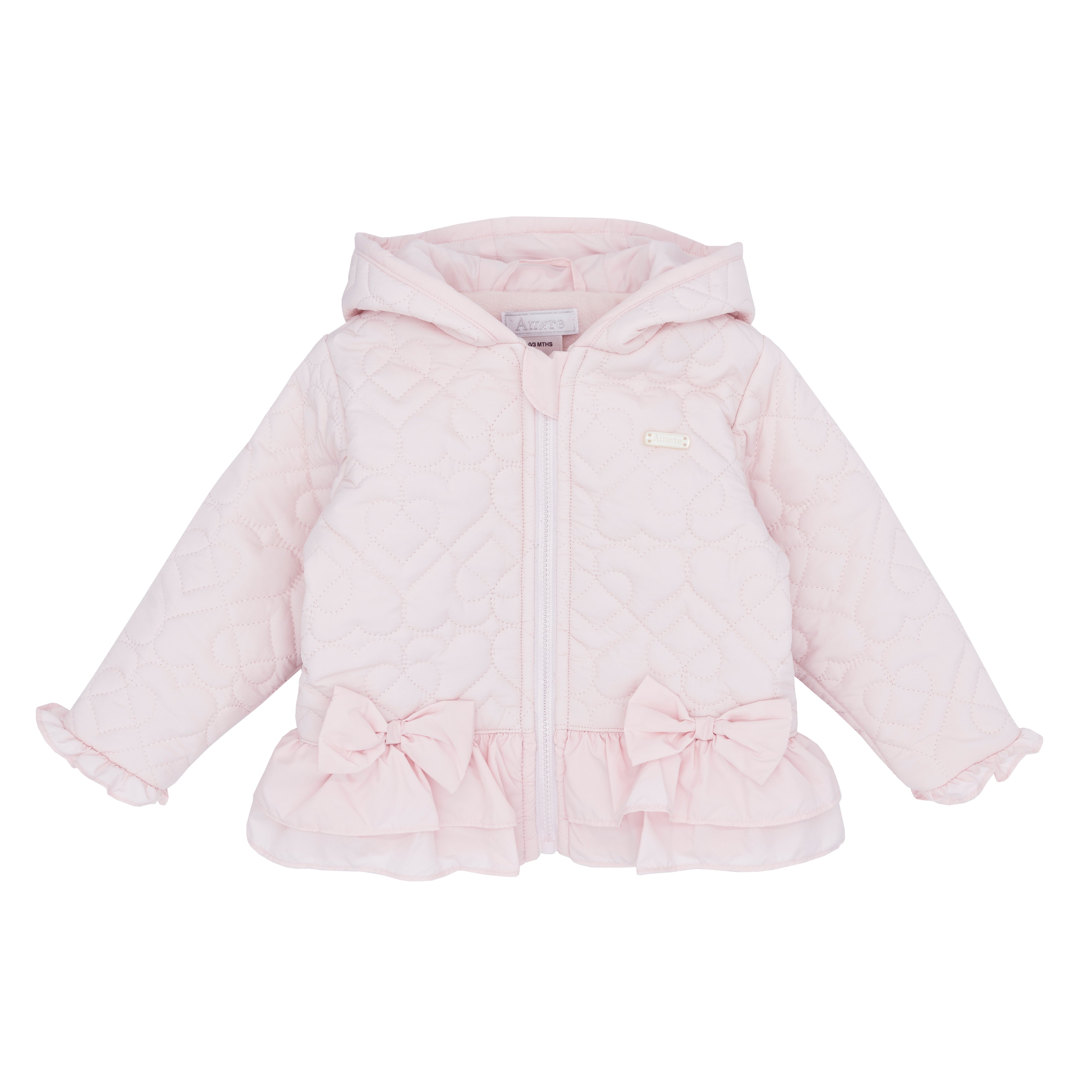 Girls pink quilted hooded jacket by Amore with waist bows, zip fastening and ruffle cuffs, Autumn Winter collection, sizes 0-3m to 4 years
