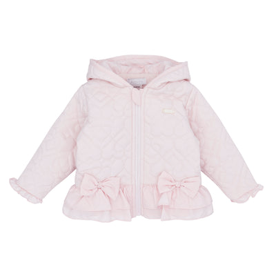Girls pink quilted hooded jacket by Amore with waist bows, zip fastening and ruffle cuffs, Autumn Winter collection, sizes 0-3m to 4 years