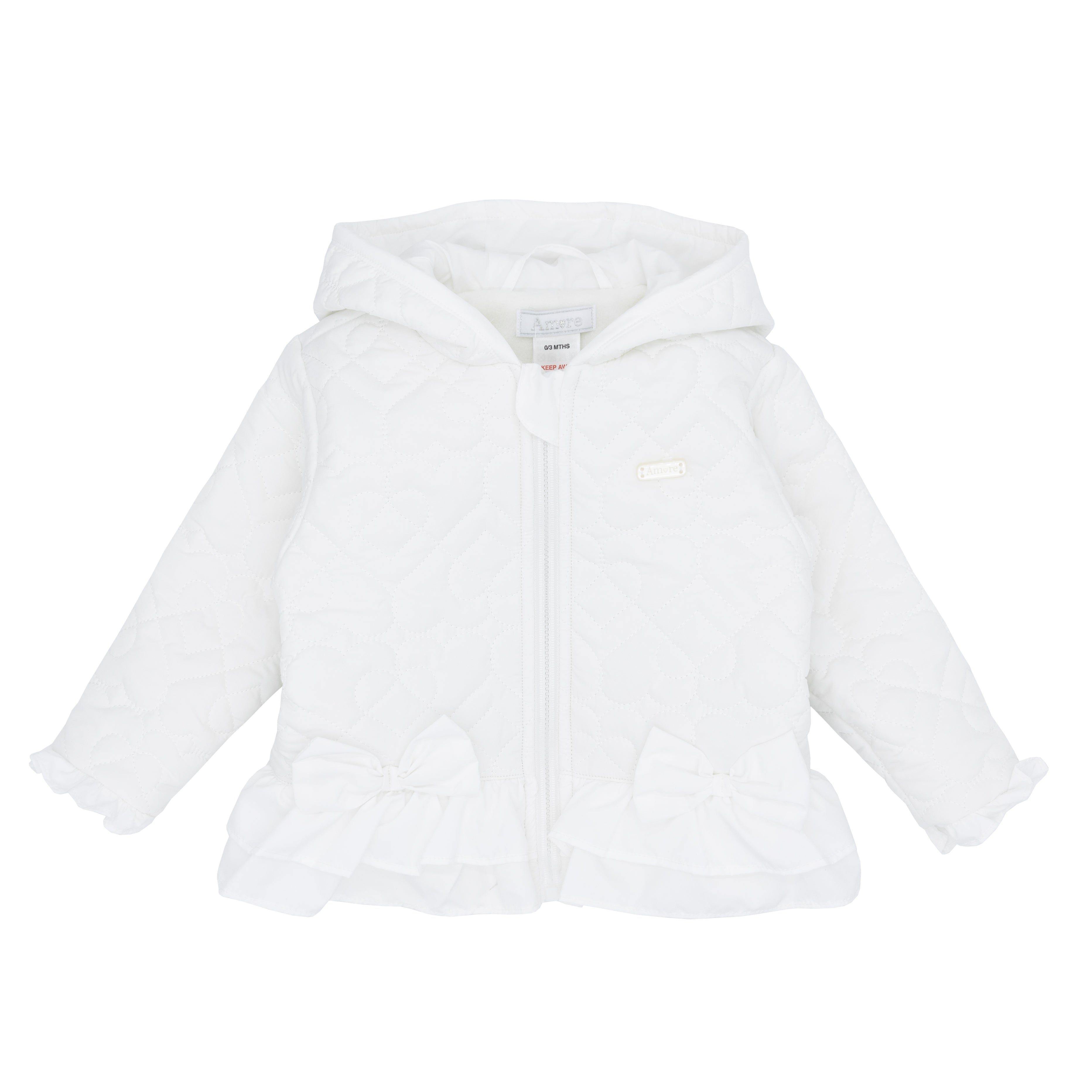 Girls white quilted hooded jacket by Amore with waist bows, zip fastening and ruffle cuffs, Autumn Winter collection, sizes 0-3m to 4 years