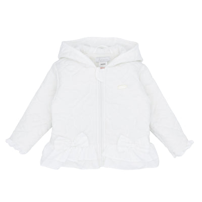 Girls white quilted hooded jacket by Amore with waist bows, zip fastening and ruffle cuffs, Autumn Winter collection, sizes 0-3m to 4 years