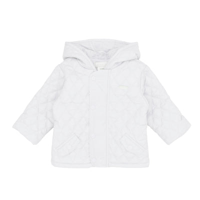 Boys white quilted hooded jacket by Amore with side pockets and zip fastening, Autumn Winter collection, sizes 0-3m to 4 years