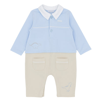 Boys blue & beige romper with white collars and dinosaur motif – Amore British childrenswear