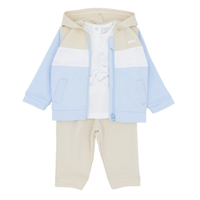 Amore Autumn Winter boys blue beige white three-piece jogger set with dinosaur motif – Kidz Emporium