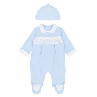 Boys traditional blue smocked romper-style outfit – Amore babywear