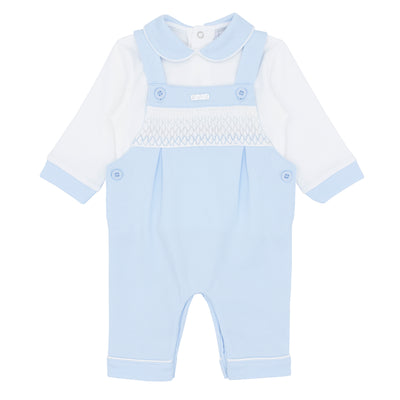 Boys blue and white smocked dungaree set from Amore Autumn Winter baby collection.