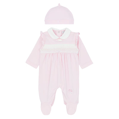 Girls pink smocked all-in-one baby outfit by Amore Autumn Winter collection – hat not included.