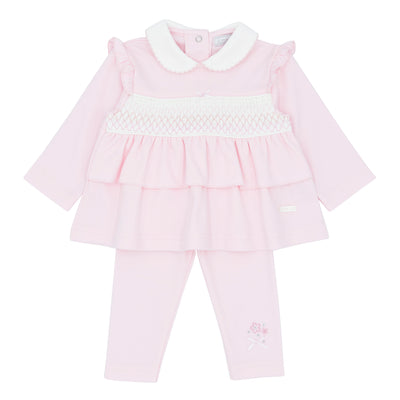 Girls pink smocked tunic and legging set with white collar and band by Amore Autumn Winter collection.