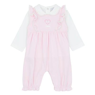 Girls pink and white Amore dungaree set with white long sleeve top, Autumn Winter collection