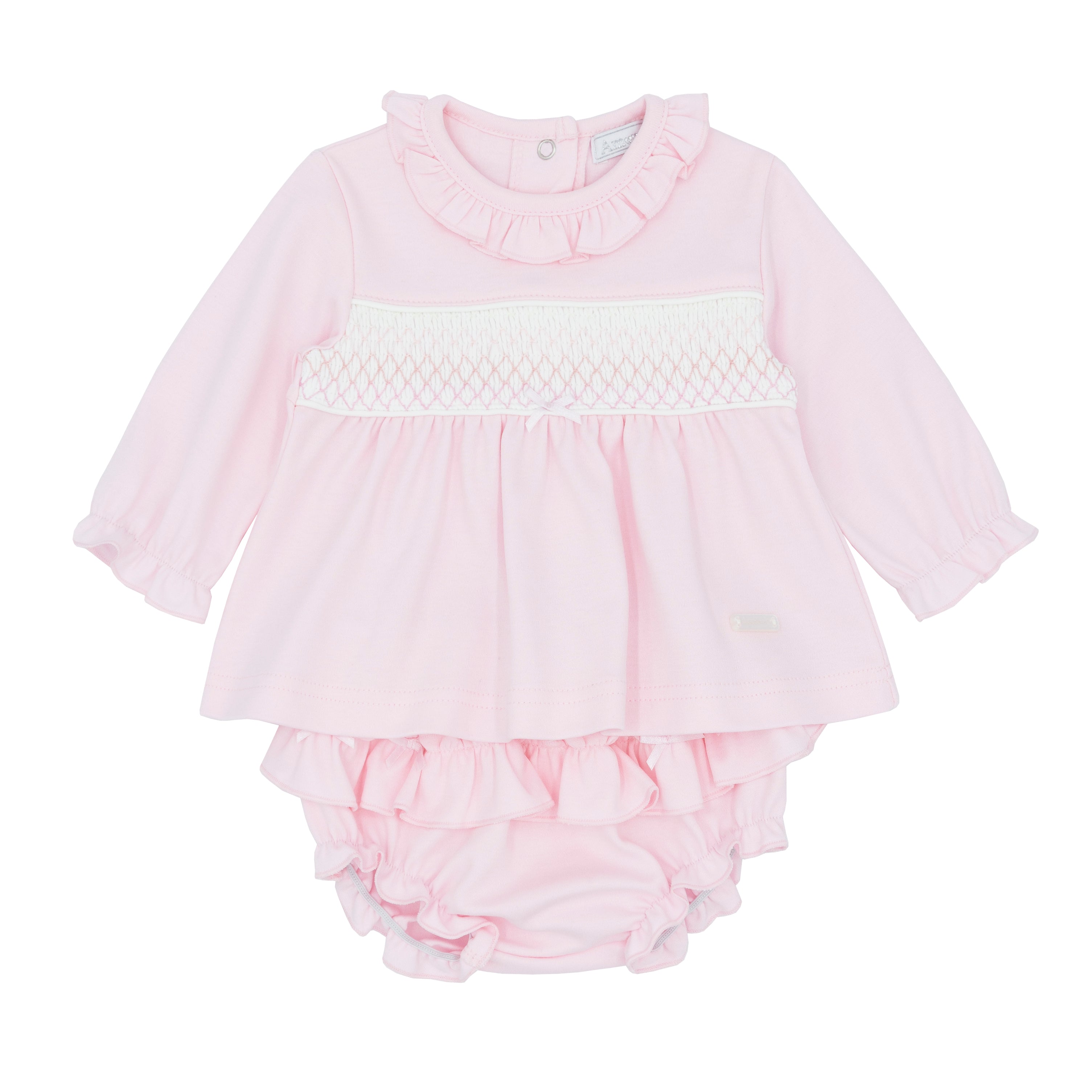 Girls pink smocked jam pant two piece set by Amore with long sleeve top, Autumn Winter collection, sizes 0-3m to 18-24m