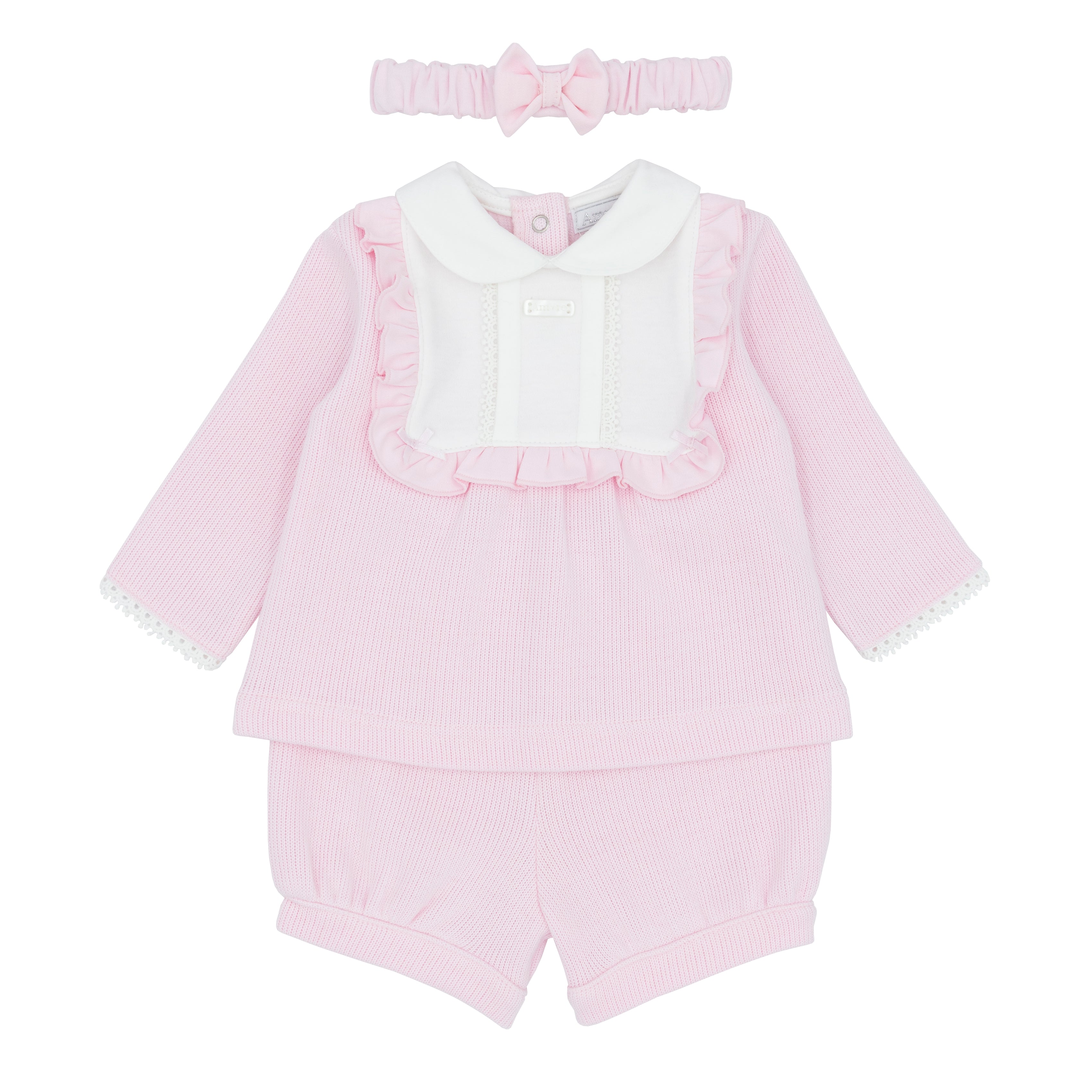 Girls pink jam pant set with headband by Amore, white box detail long sleeve top, Autumn Winter collection, sizes 0-3m to 18-24m