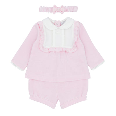 Girls pink jam pant set with headband by Amore, white box detail long sleeve top, Autumn Winter collection, sizes 0-3m to 18-24m
