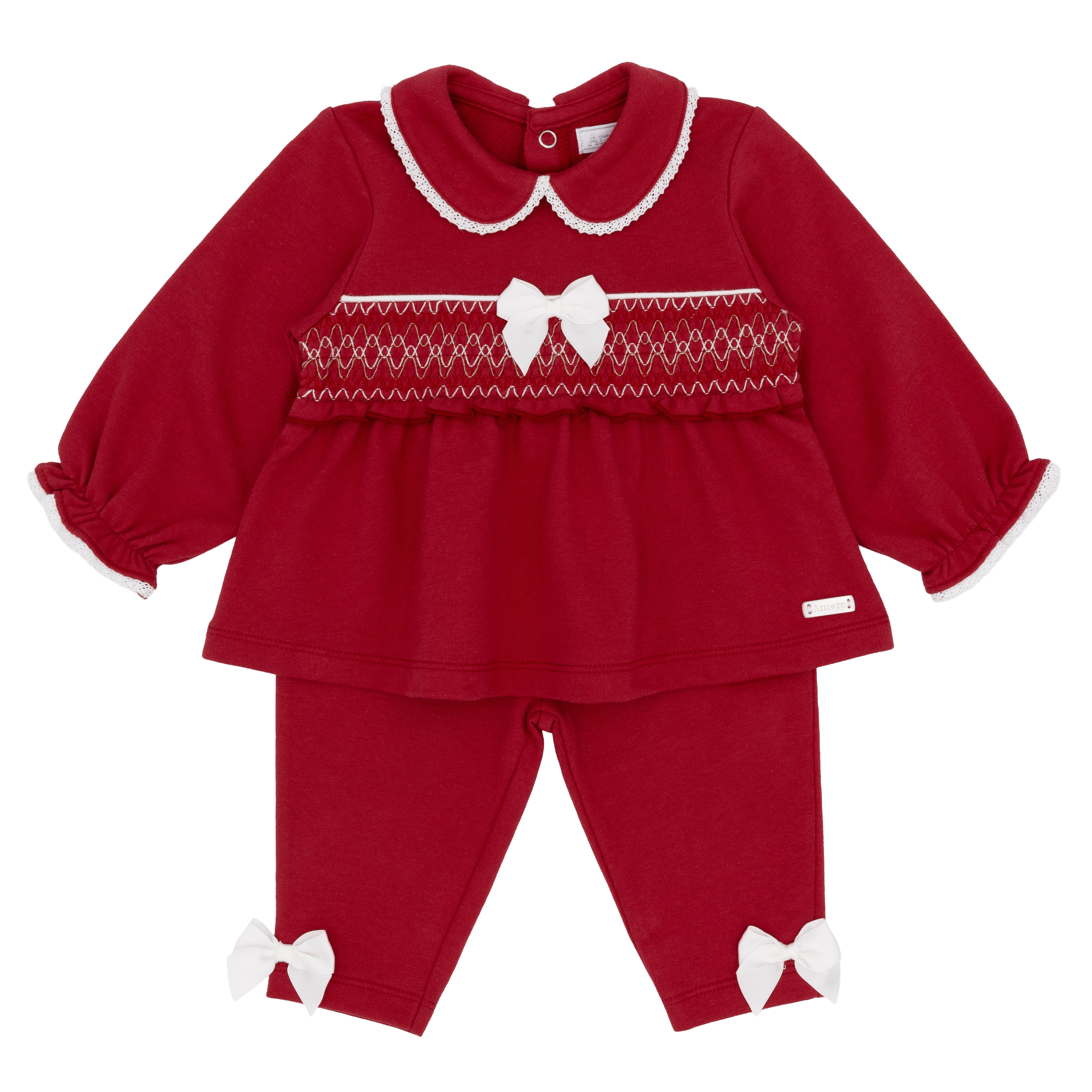 amore girls red smocked top and leggings set flat lay traditional baby clothes designer childrenswear