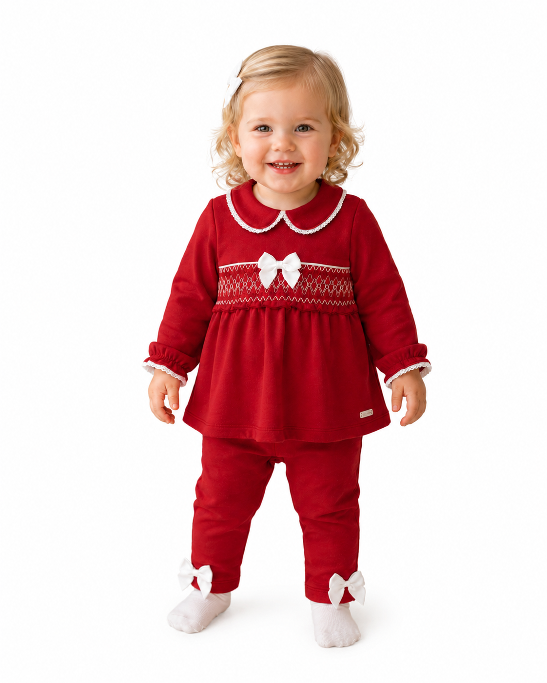 amore girls red smocked top and leggings set model standing studio photoshoot classic toddler outfit