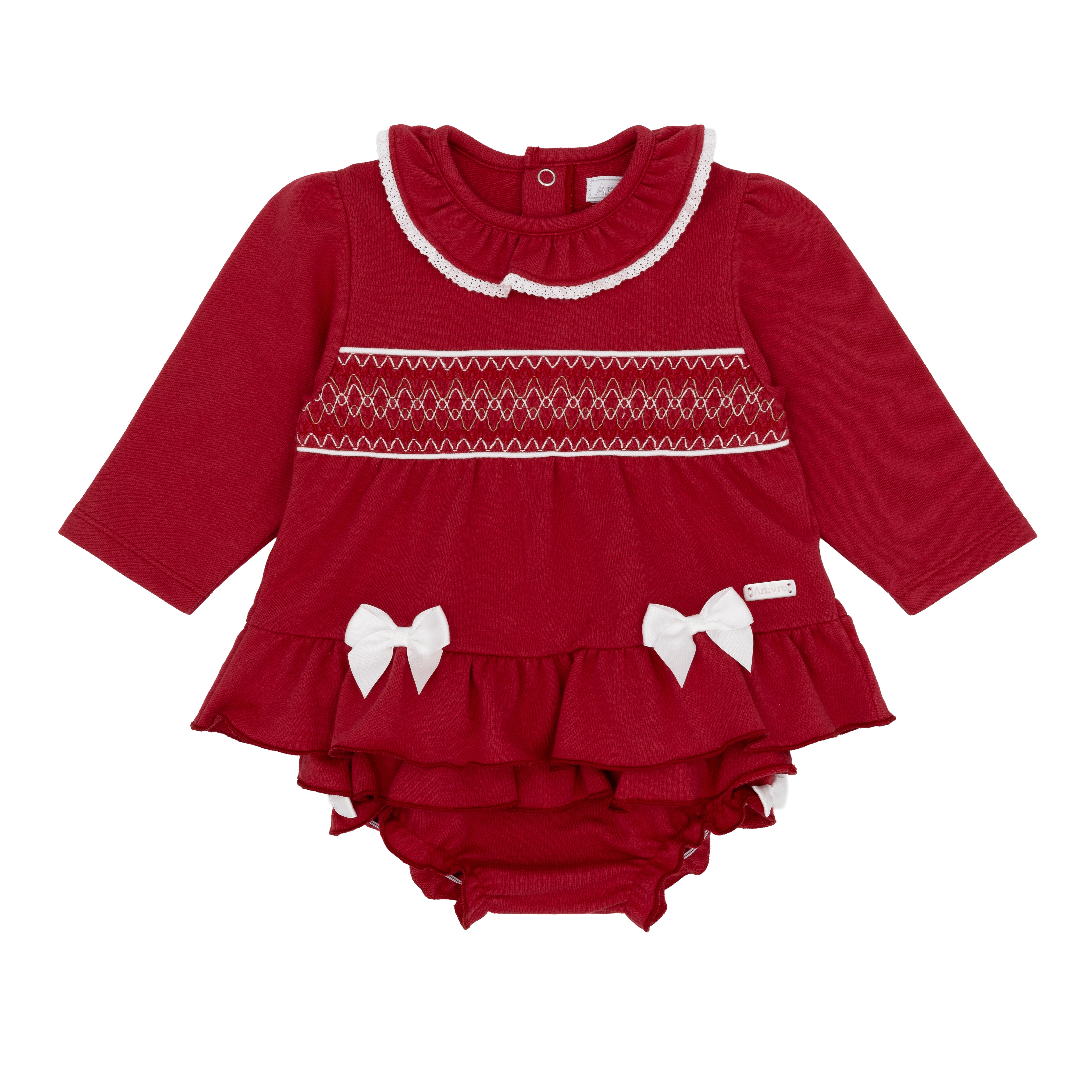 amore girls red smocked dress top and ruffled jam pant set flat lay traditional baby clothes