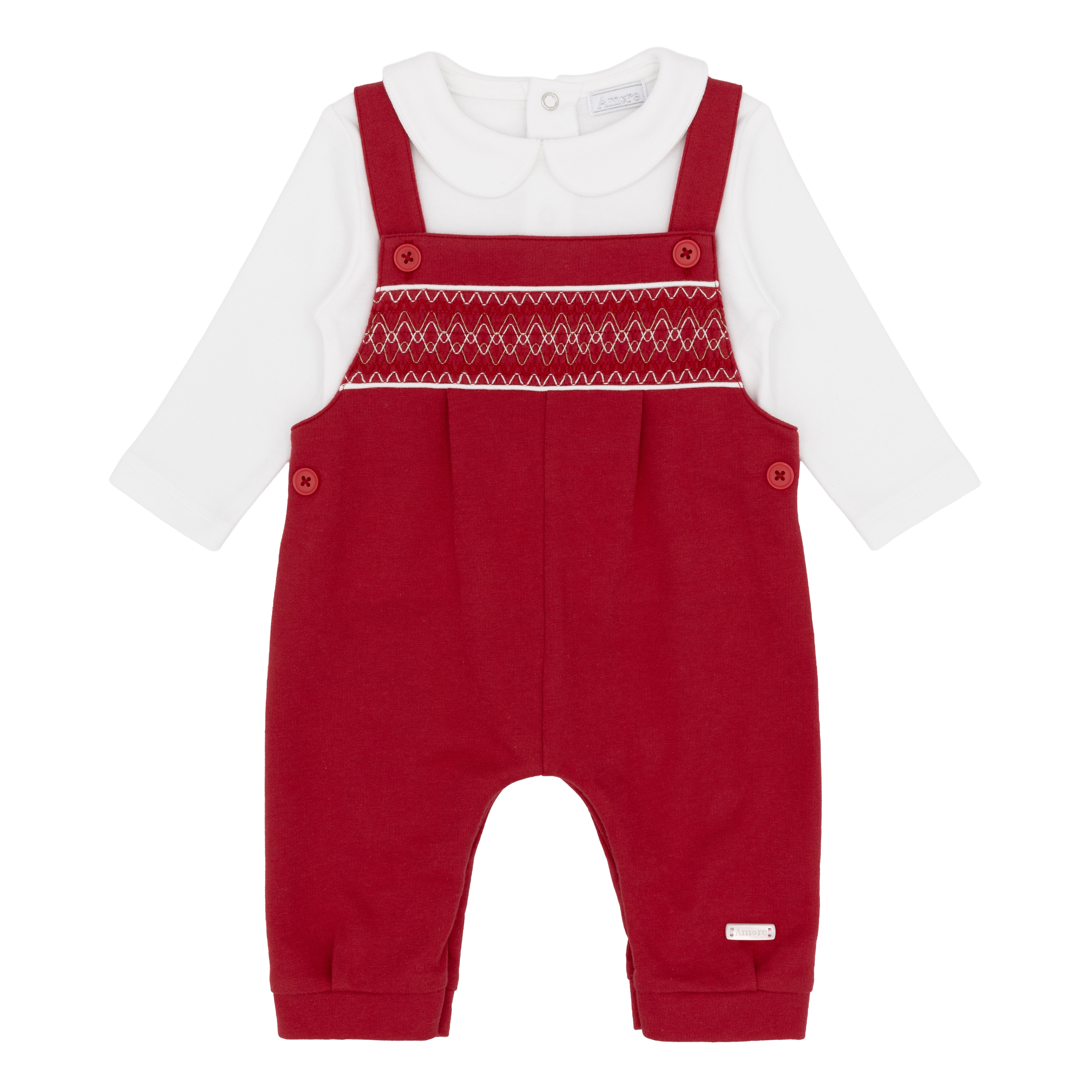 amore boys red smocked dungaree set flat lay traditional baby clothes designer infant fashion
