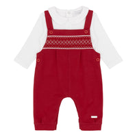 amore boys red smocked dungaree set flat lay traditional baby clothes designer infant fashion