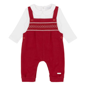 amore boys red smocked dungaree set flat lay traditional baby clothes designer infant fashion
