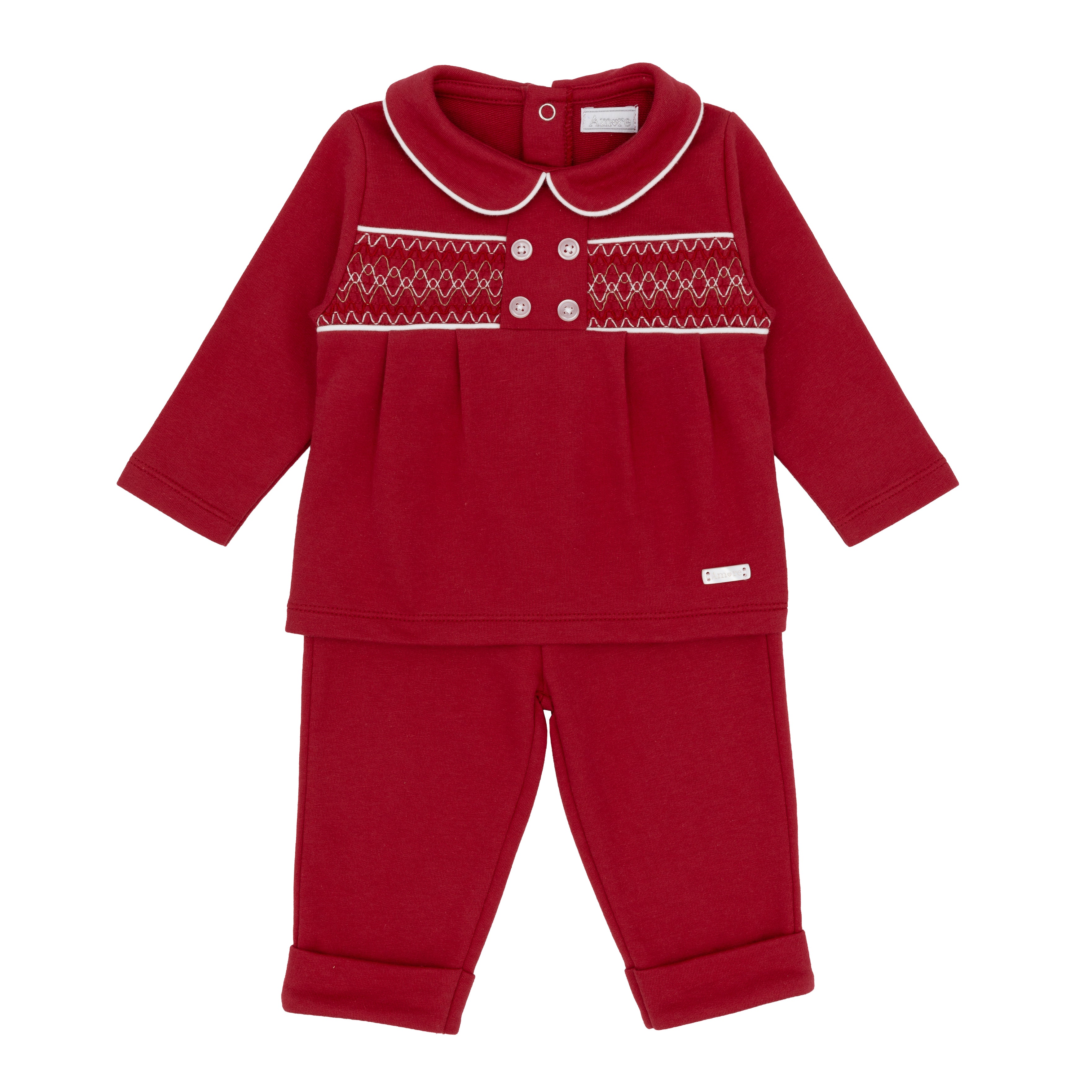 amore boys red smocked long sleeve top and trousers set flat lay traditional baby clothes designer infant fashion