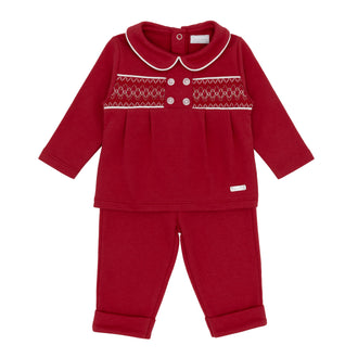 amore boys red smocked long sleeve top and trousers set flat lay traditional baby clothes designer infant fashion
