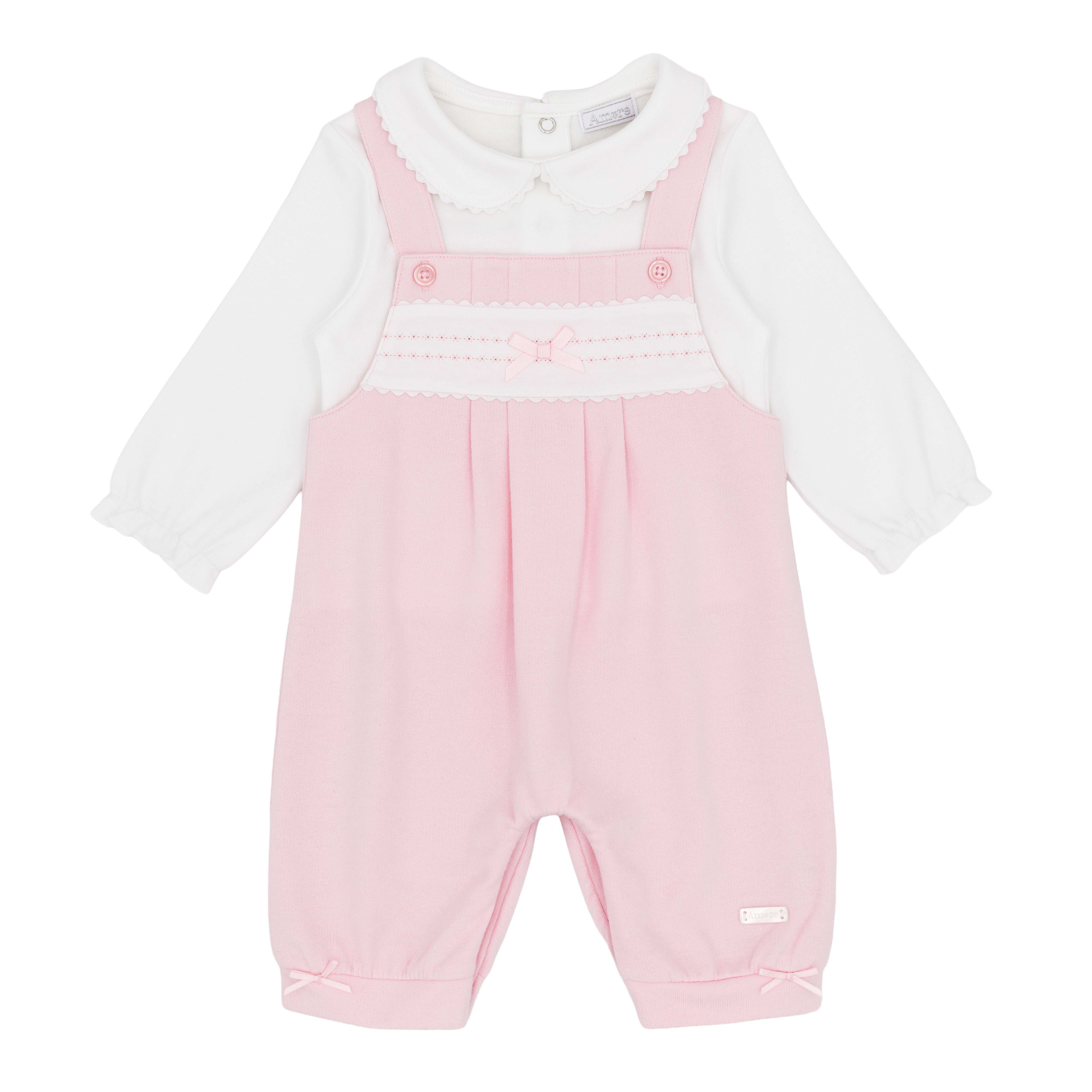 amore girls pink dungaree set flat lay traditional baby clothes designer childrenswear