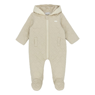 amore baby boys beige quilted pram suit flat lay traditional baby outerwear designer babywear