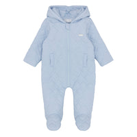 amore baby boys blue quilted pram suit flat lay traditional baby outerwear designer babywear