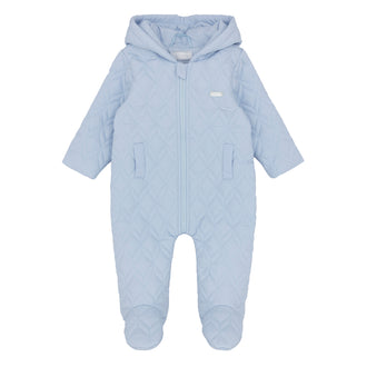 amore baby boys blue quilted pram suit flat lay traditional baby outerwear designer babywear