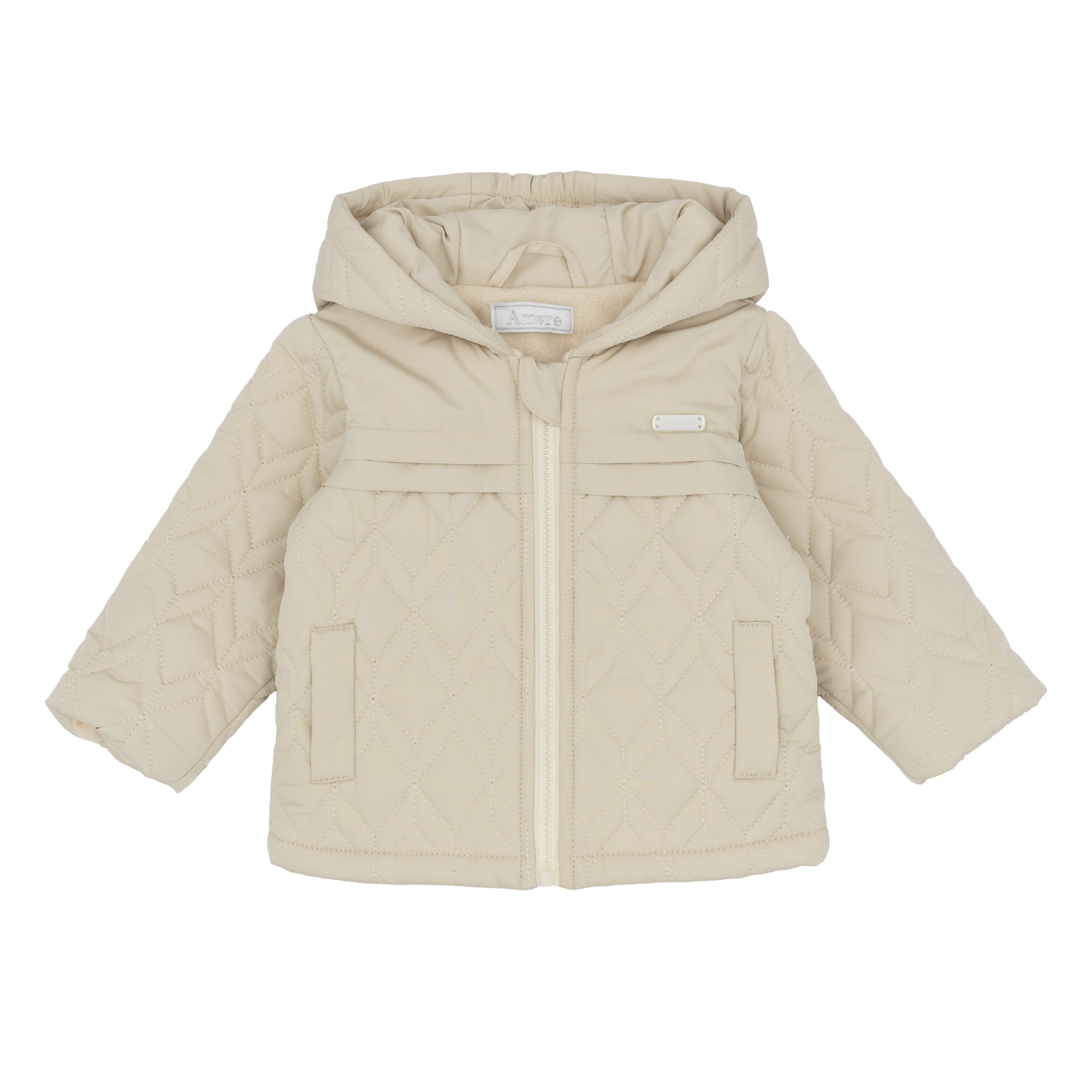 amore boys beige hooded quilted jacket flat lay designer babywear toddler winter coat