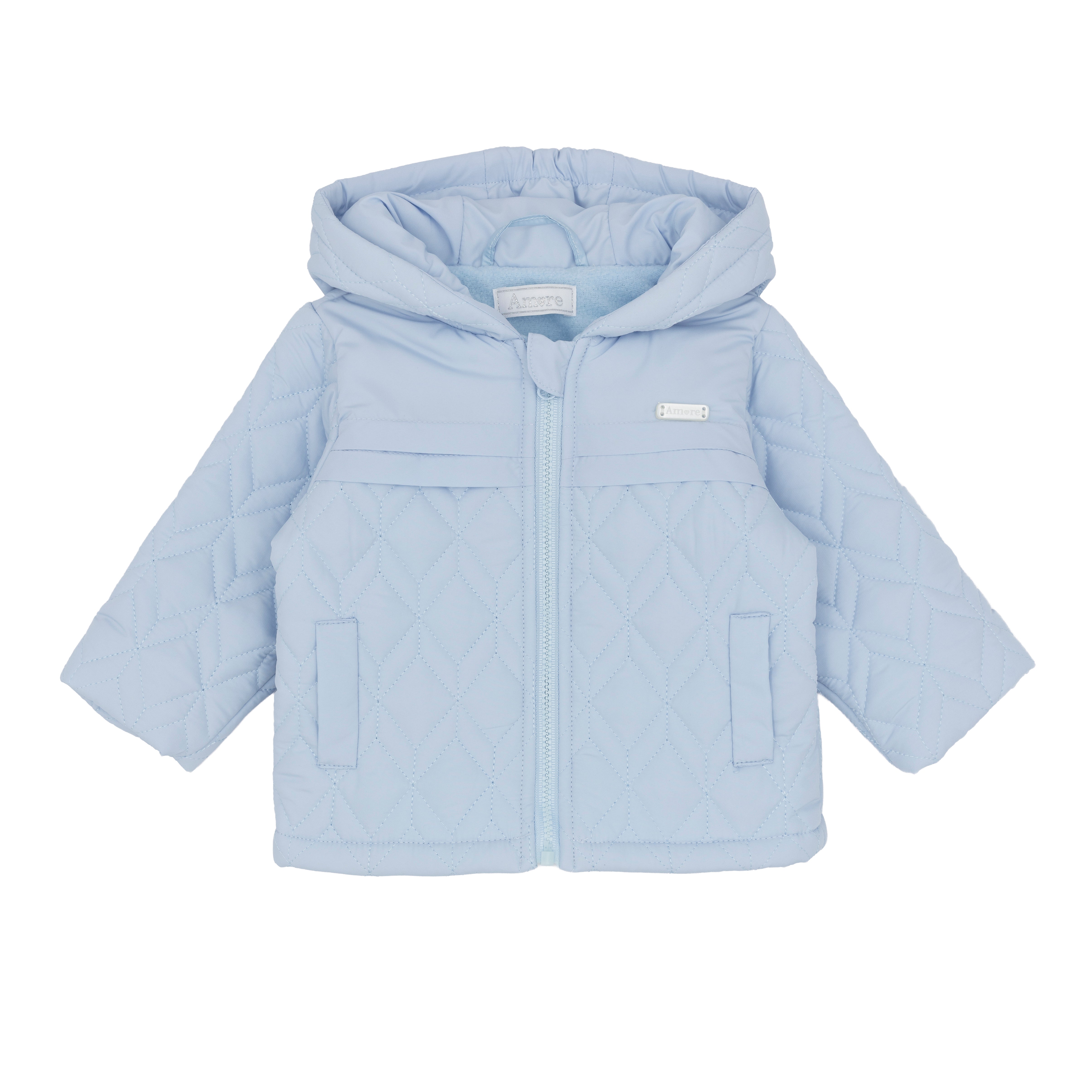 amore boys blue hooded quilted jacket flat lay designer babywear toddler winter coat